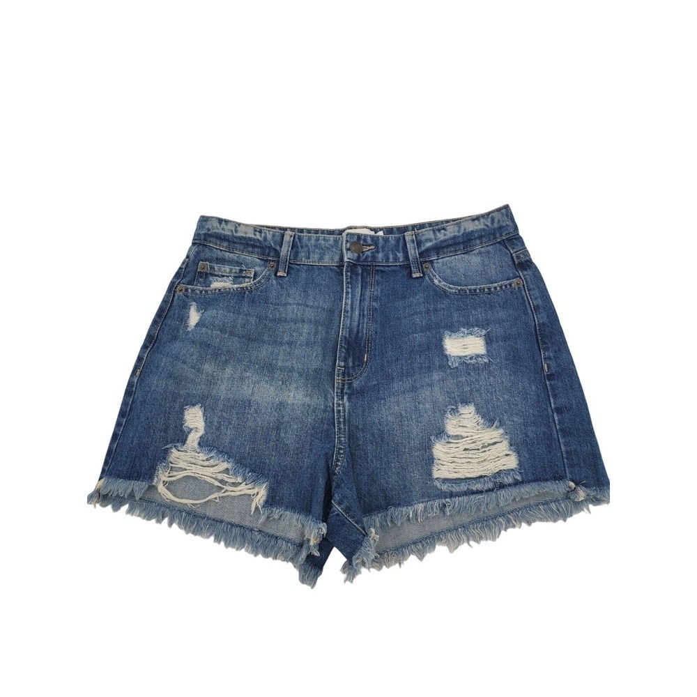 True Craft Shorts 11 Womens Juniors High Rise Distressed Raw Hem Medium Wash